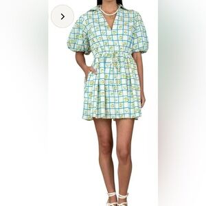 Blue & White Checked Floral Mini Dress